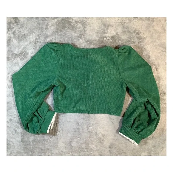SHEIN MOD Green Corduroy Cropped Top Lace Trim Puff Sleeve L - Picture 6 of 6